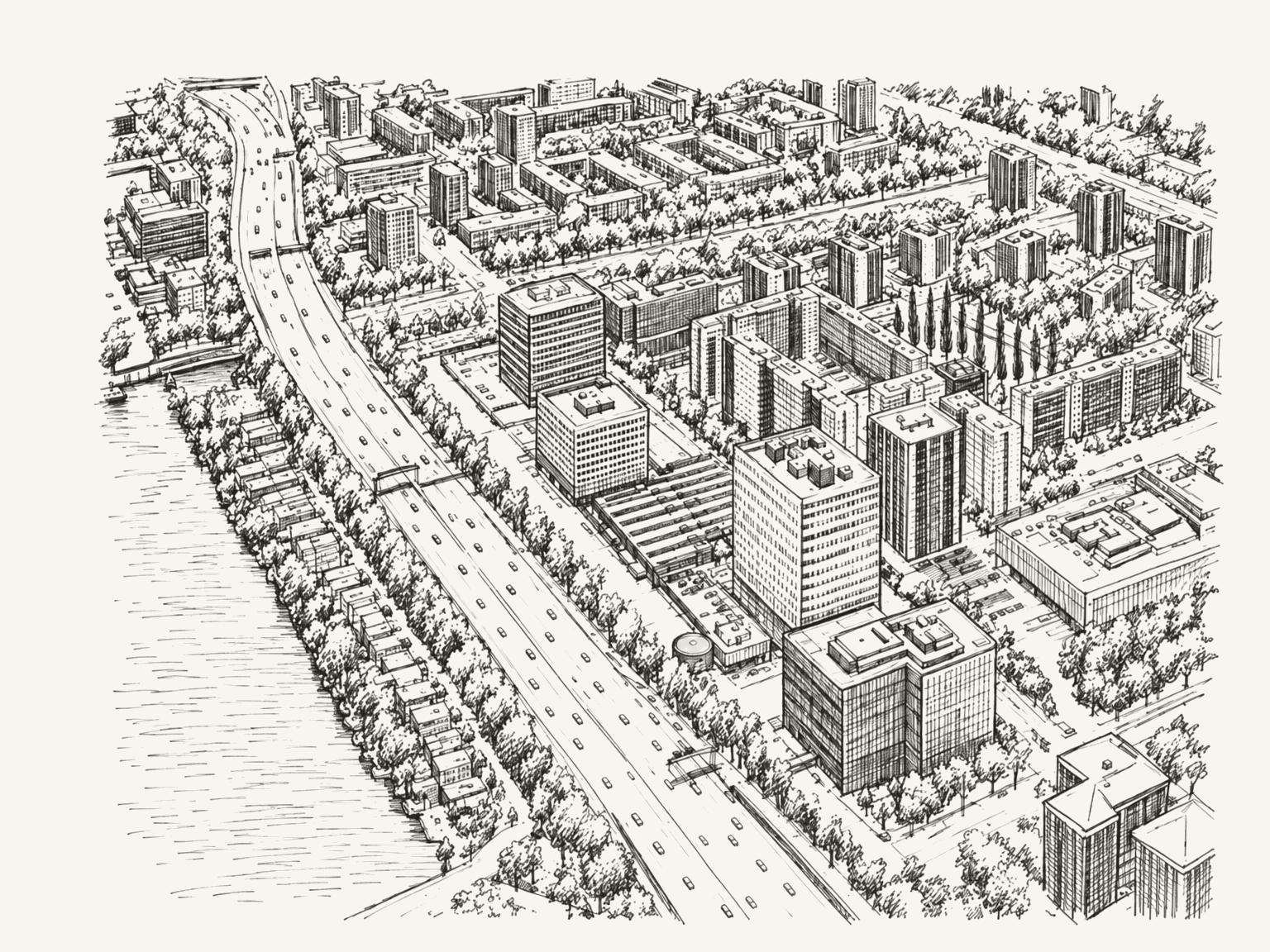 Lijnillustratie van een luchtfoto van kantoren en groen in Amsterdam West